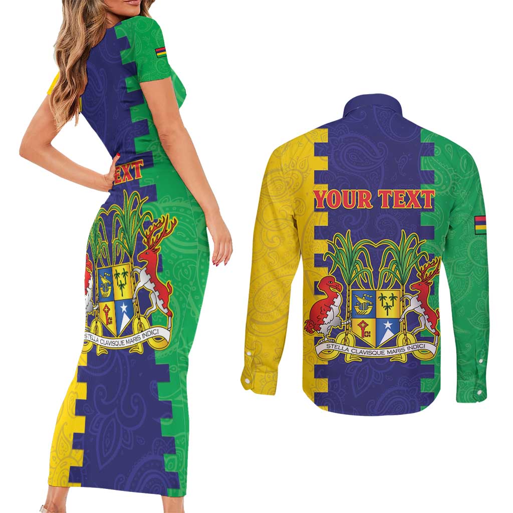 Personalised Mauritius Couples Matching Short Sleeve Bodycon Dress and Long Sleeve Button Shirt Coat Of Arms Mix Paisley Pattern