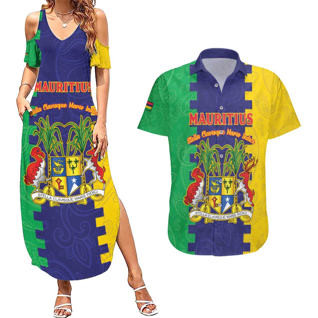 Personalised Mauritius Couples Matching Summer Maxi Dress and Hawaiian Shirt Coat Of Arms Mix Paisley Pattern