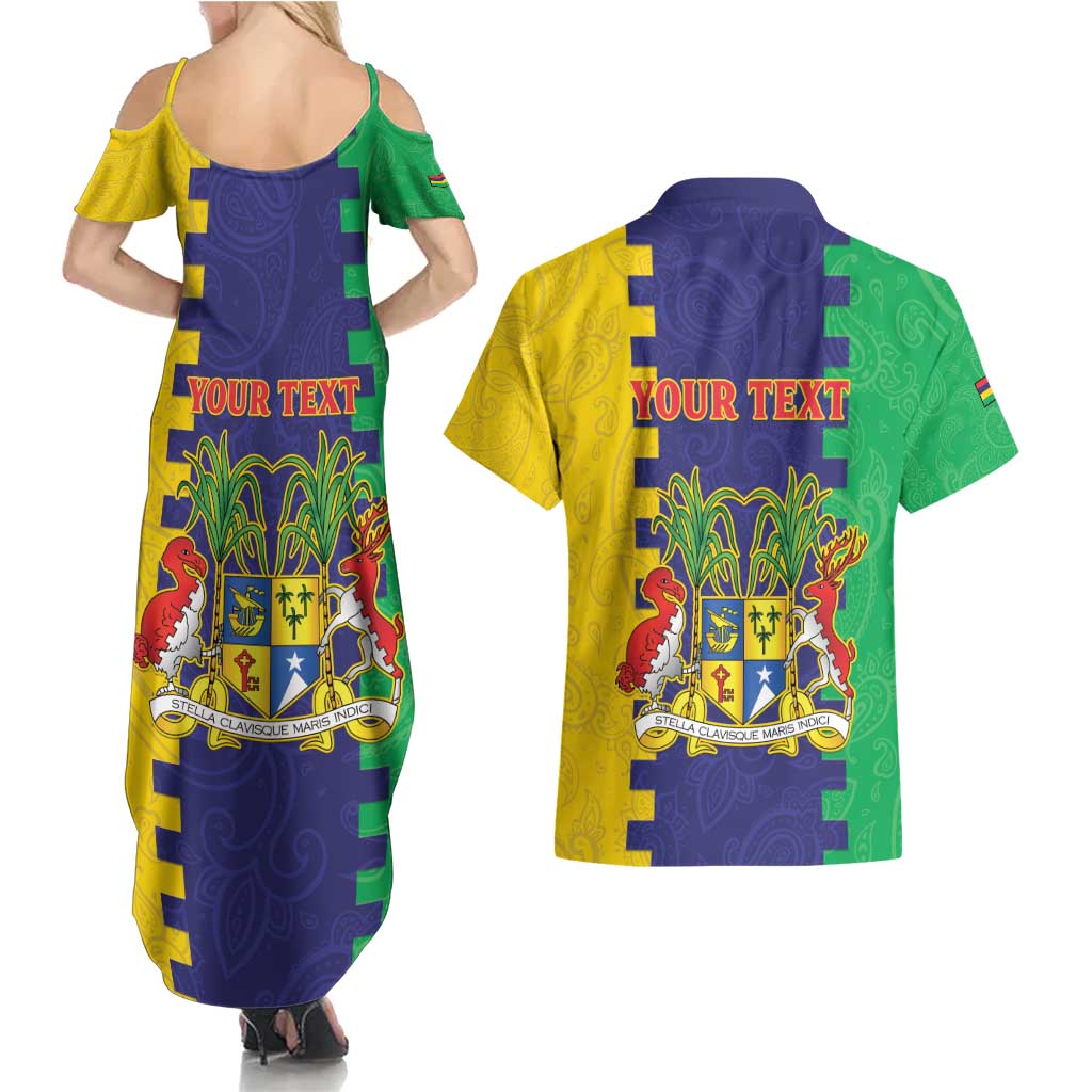 Personalised Mauritius Couples Matching Summer Maxi Dress and Hawaiian Shirt Coat Of Arms Mix Paisley Pattern