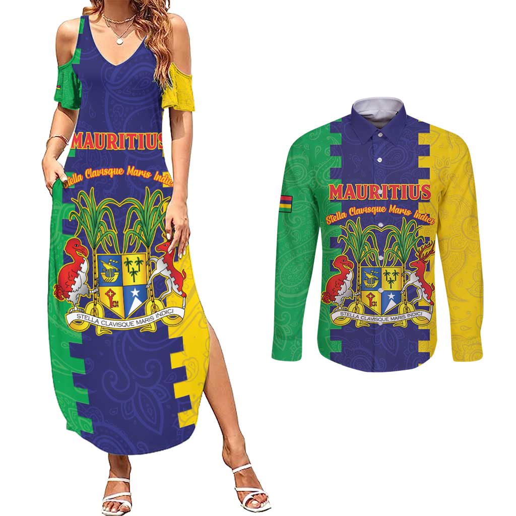 Personalised Mauritius Couples Matching Summer Maxi Dress and Long Sleeve Button Shirt Coat Of Arms Mix Paisley Pattern