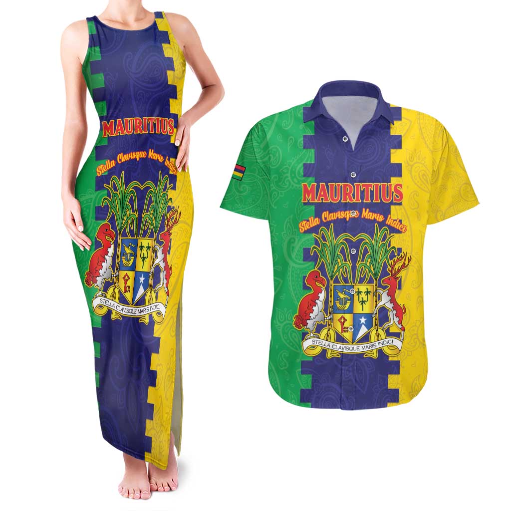 Personalised Mauritius Couples Matching Tank Maxi Dress and Hawaiian Shirt Coat Of Arms Mix Paisley Pattern