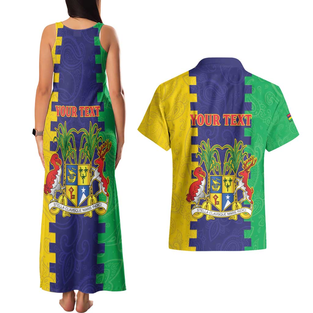 Personalised Mauritius Couples Matching Tank Maxi Dress and Hawaiian Shirt Coat Of Arms Mix Paisley Pattern