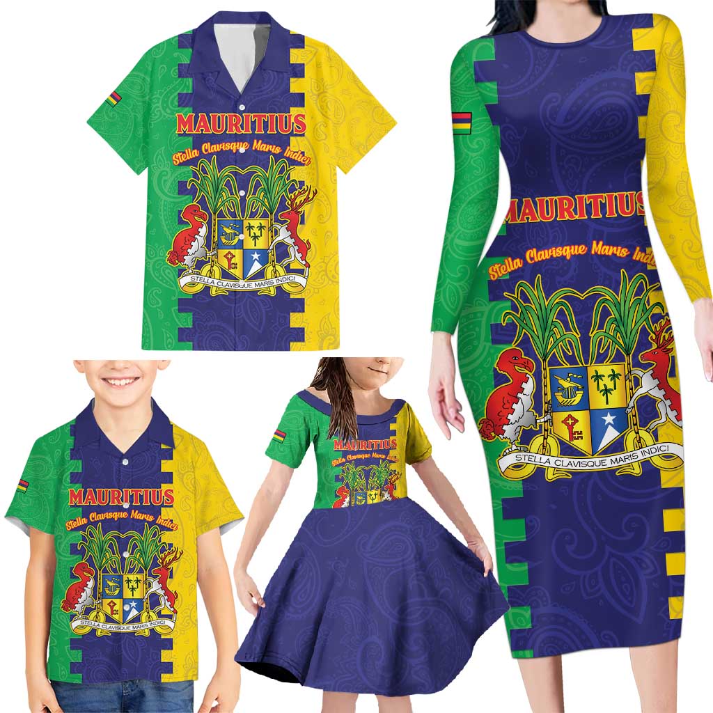 Personalised Mauritius Family Matching Long Sleeve Bodycon Dress and Hawaiian Shirt Coat Of Arms Mix Paisley Pattern