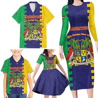 Personalised Mauritius Family Matching Long Sleeve Bodycon Dress and Hawaiian Shirt Coat Of Arms Mix Paisley Pattern