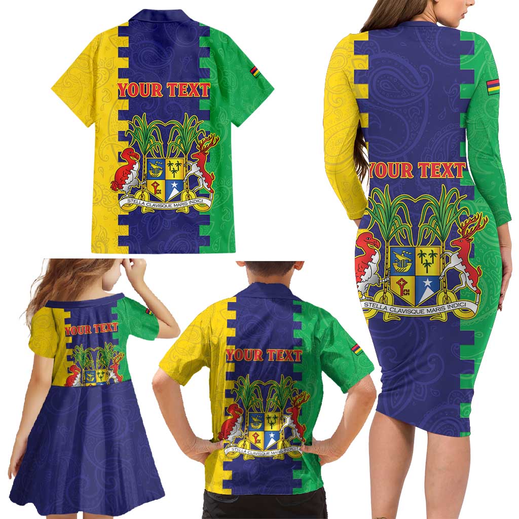 Personalised Mauritius Family Matching Long Sleeve Bodycon Dress and Hawaiian Shirt Coat Of Arms Mix Paisley Pattern