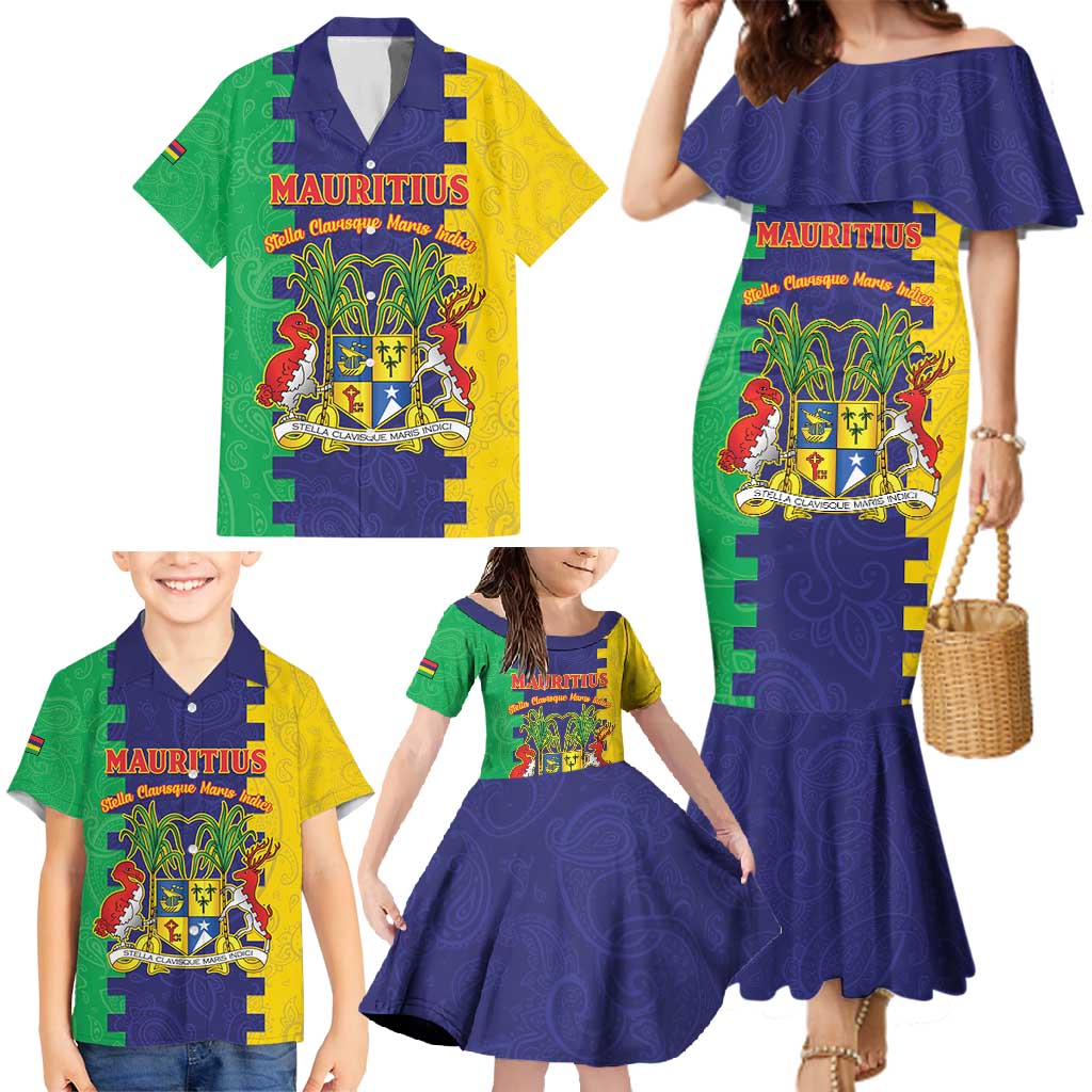Personalised Mauritius Family Matching Mermaid Dress and Hawaiian Shirt Coat Of Arms Mix Paisley Pattern