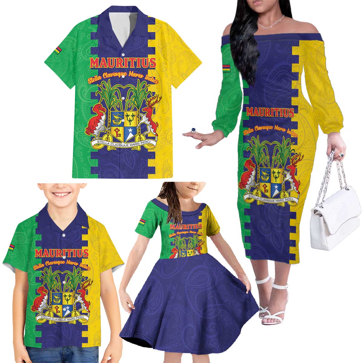 Personalised Mauritius Family Matching Off The Shoulder Long Sleeve Dress and Hawaiian Shirt Coat Of Arms Mix Paisley Pattern