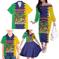 Personalised Mauritius Family Matching Off The Shoulder Long Sleeve Dress and Hawaiian Shirt Coat Of Arms Mix Paisley Pattern