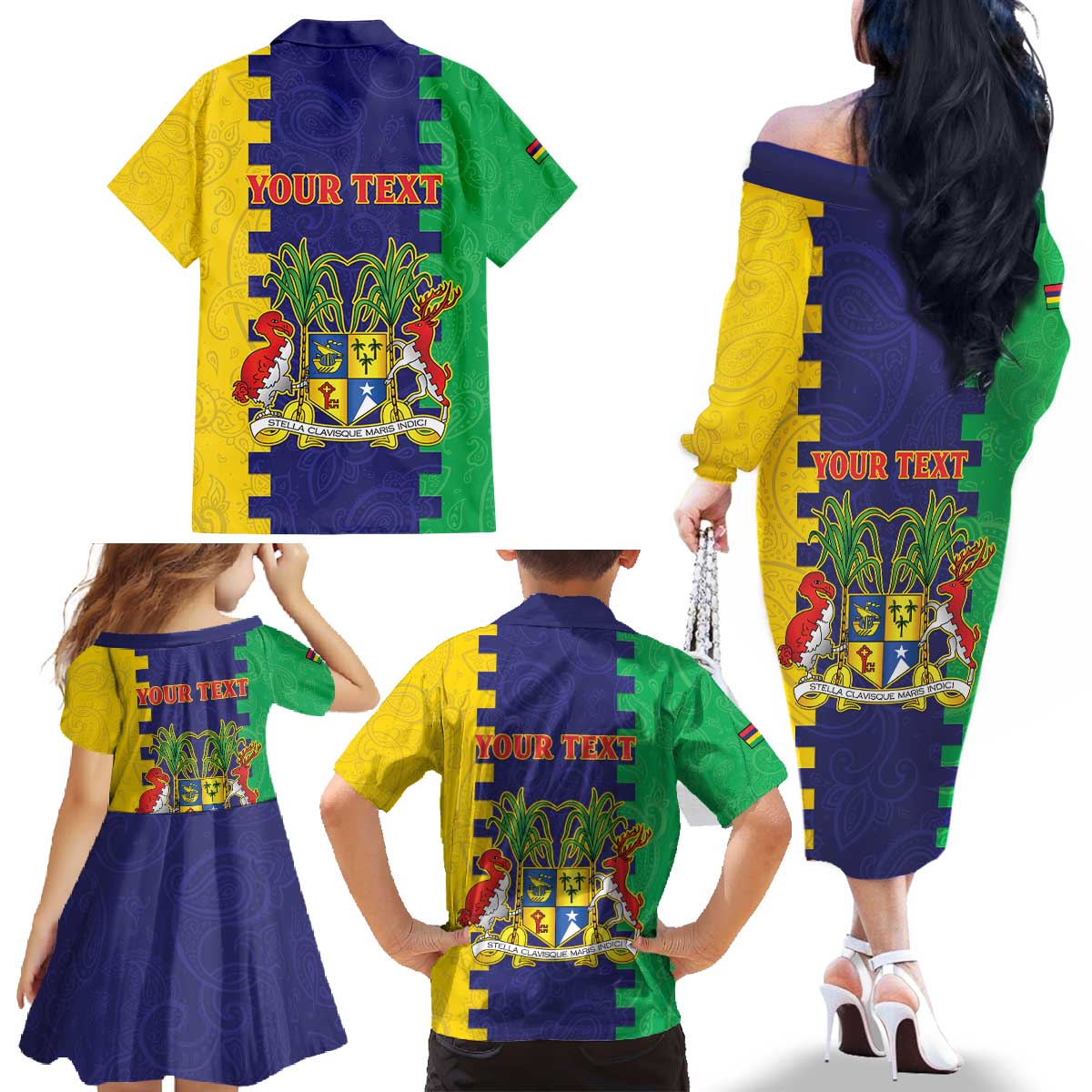 Personalised Mauritius Family Matching Off The Shoulder Long Sleeve Dress and Hawaiian Shirt Coat Of Arms Mix Paisley Pattern