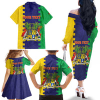 Personalised Mauritius Family Matching Off The Shoulder Long Sleeve Dress and Hawaiian Shirt Coat Of Arms Mix Paisley Pattern