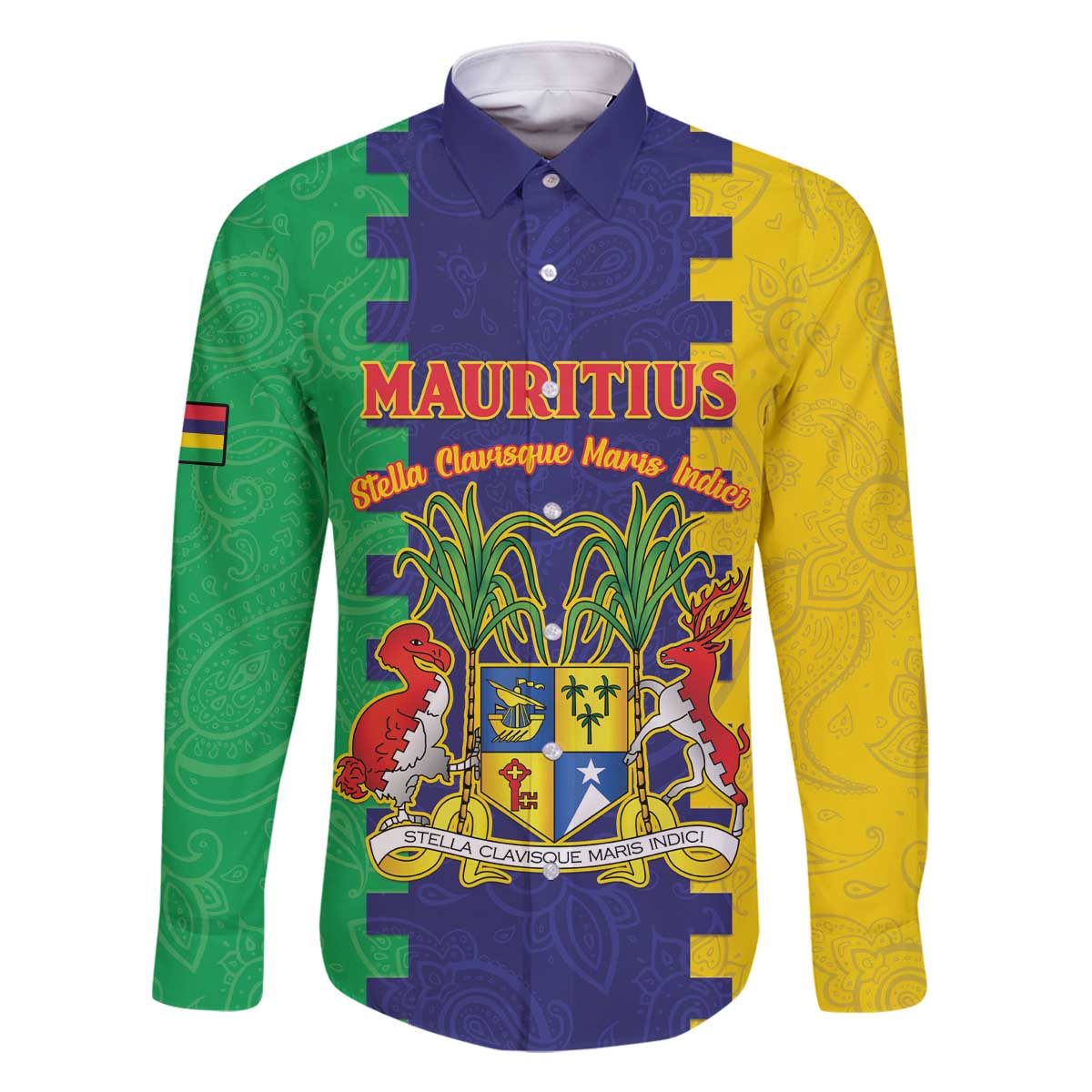Personalised Mauritius Family Matching Off The Shoulder Long Sleeve Dress and Hawaiian Shirt Coat Of Arms Mix Paisley Pattern
