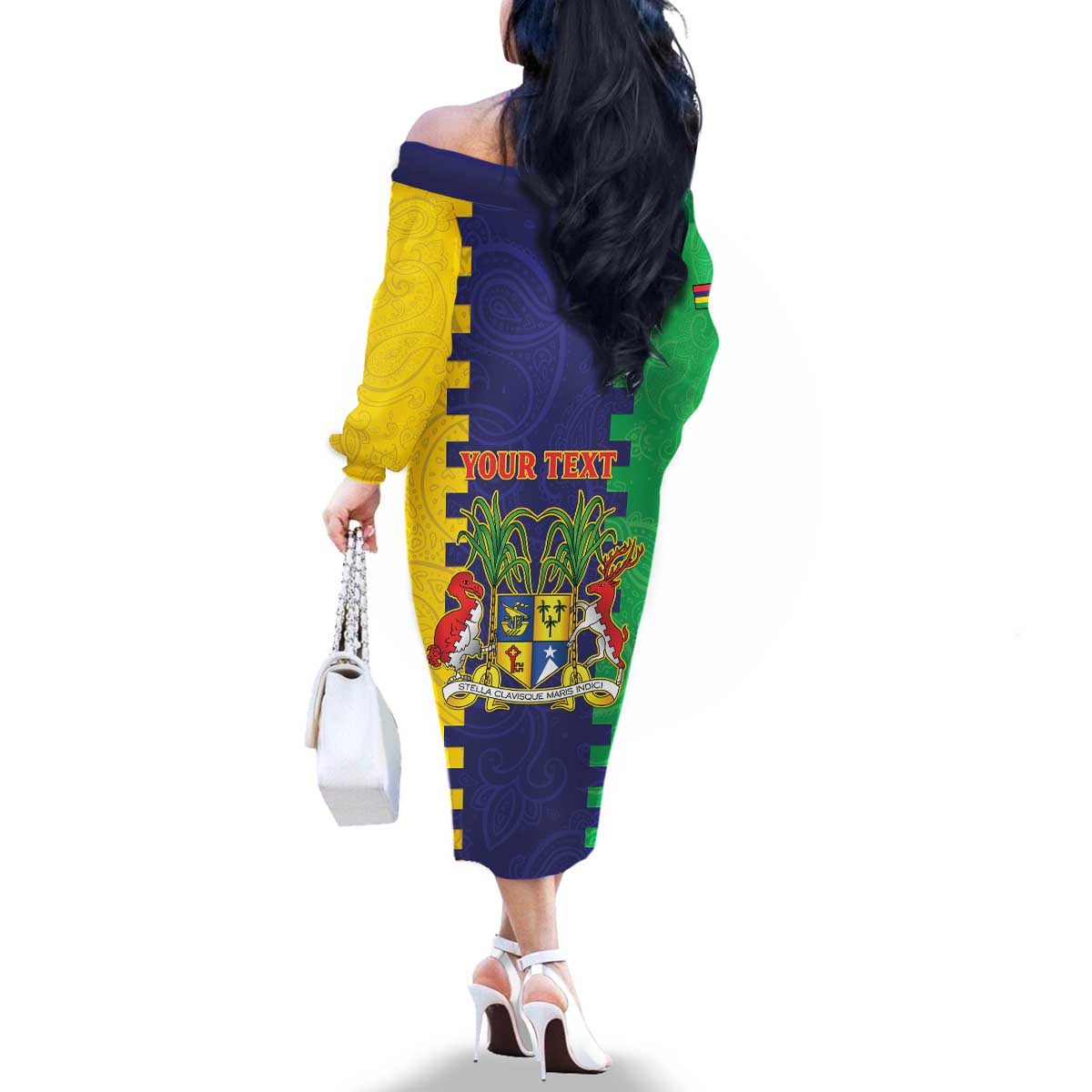 Personalised Mauritius Family Matching Off The Shoulder Long Sleeve Dress and Hawaiian Shirt Coat Of Arms Mix Paisley Pattern