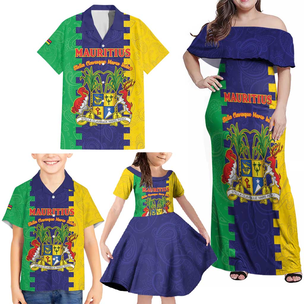 Personalised Mauritius Family Matching Off Shoulder Maxi Dress and Hawaiian Shirt Coat Of Arms Mix Paisley Pattern