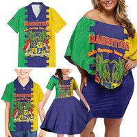 Personalised Mauritius Family Matching Off Shoulder Short Dress and Hawaiian Shirt Coat Of Arms Mix Paisley Pattern