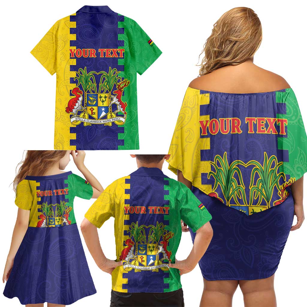 Personalised Mauritius Family Matching Off Shoulder Short Dress and Hawaiian Shirt Coat Of Arms Mix Paisley Pattern