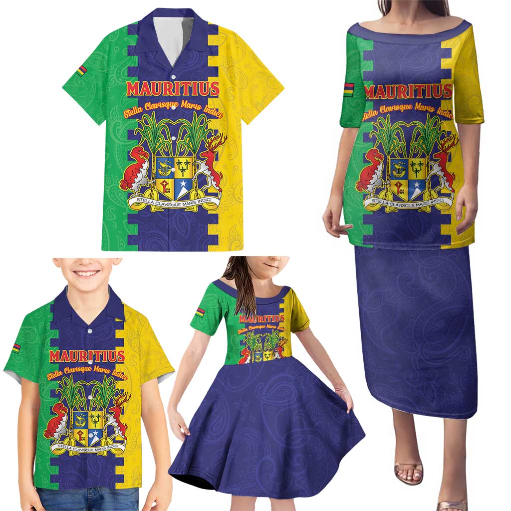 Personalised Mauritius Family Matching Puletasi and Hawaiian Shirt Coat Of Arms Mix Paisley Pattern