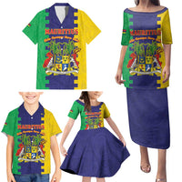 Personalised Mauritius Family Matching Puletasi and Hawaiian Shirt Coat Of Arms Mix Paisley Pattern