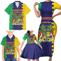 Personalised Mauritius Family Matching Short Sleeve Bodycon Dress and Hawaiian Shirt Coat Of Arms Mix Paisley Pattern