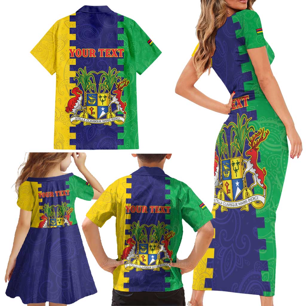 Personalised Mauritius Family Matching Short Sleeve Bodycon Dress and Hawaiian Shirt Coat Of Arms Mix Paisley Pattern