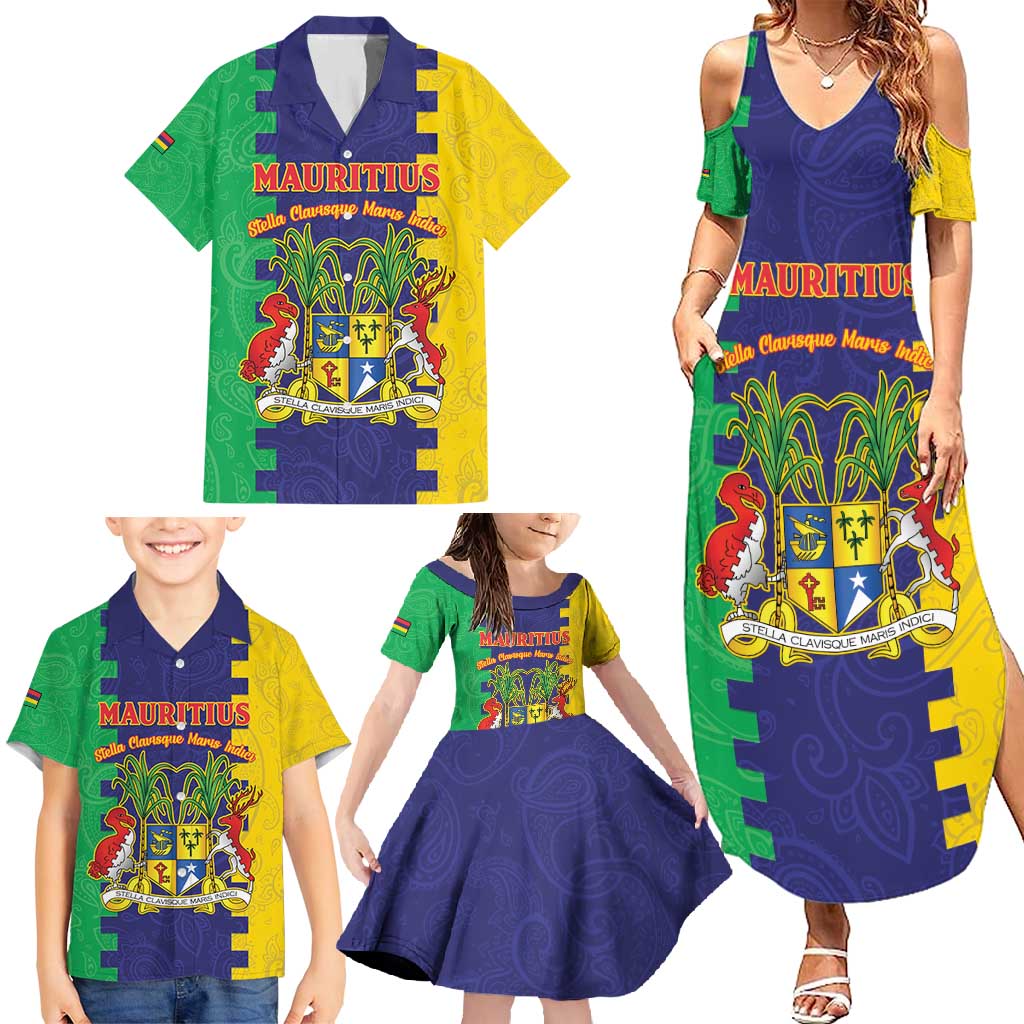 Personalised Mauritius Family Matching Summer Maxi Dress and Hawaiian Shirt Coat Of Arms Mix Paisley Pattern