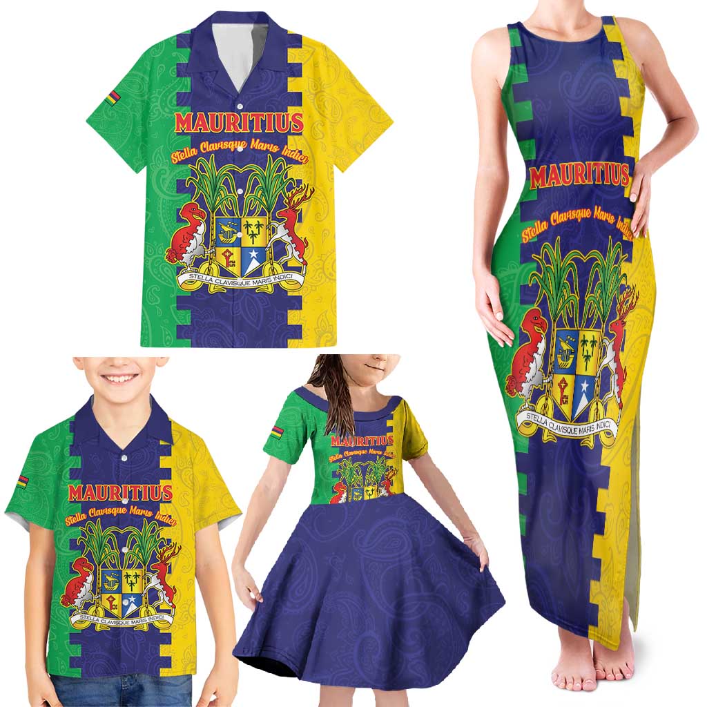 Personalised Mauritius Family Matching Tank Maxi Dress and Hawaiian Shirt Coat Of Arms Mix Paisley Pattern