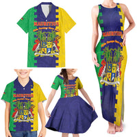 Personalised Mauritius Family Matching Tank Maxi Dress and Hawaiian Shirt Coat Of Arms Mix Paisley Pattern