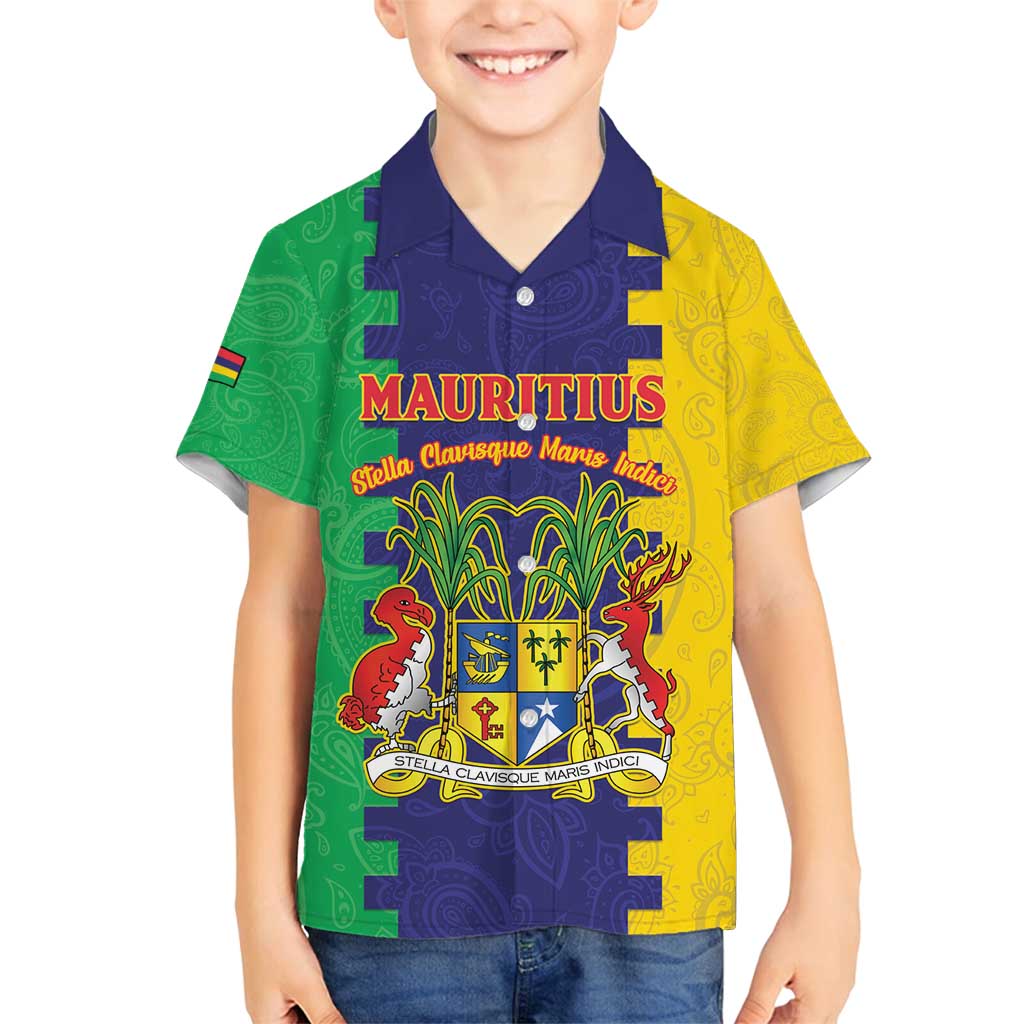 Personalised Mauritius Family Matching Tank Maxi Dress and Hawaiian Shirt Coat Of Arms Mix Paisley Pattern