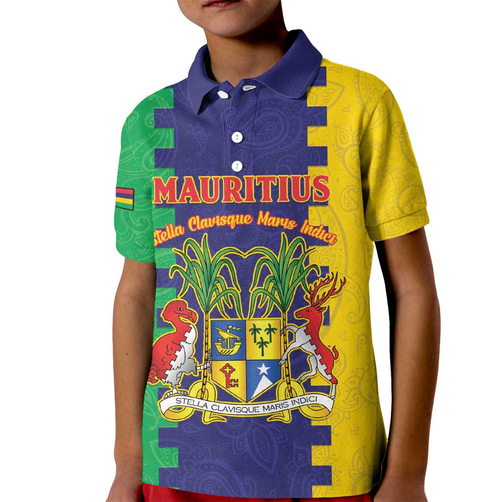 Personalised Mauritius Kid Polo Shirt Coat Of Arms Mix Paisley Pattern