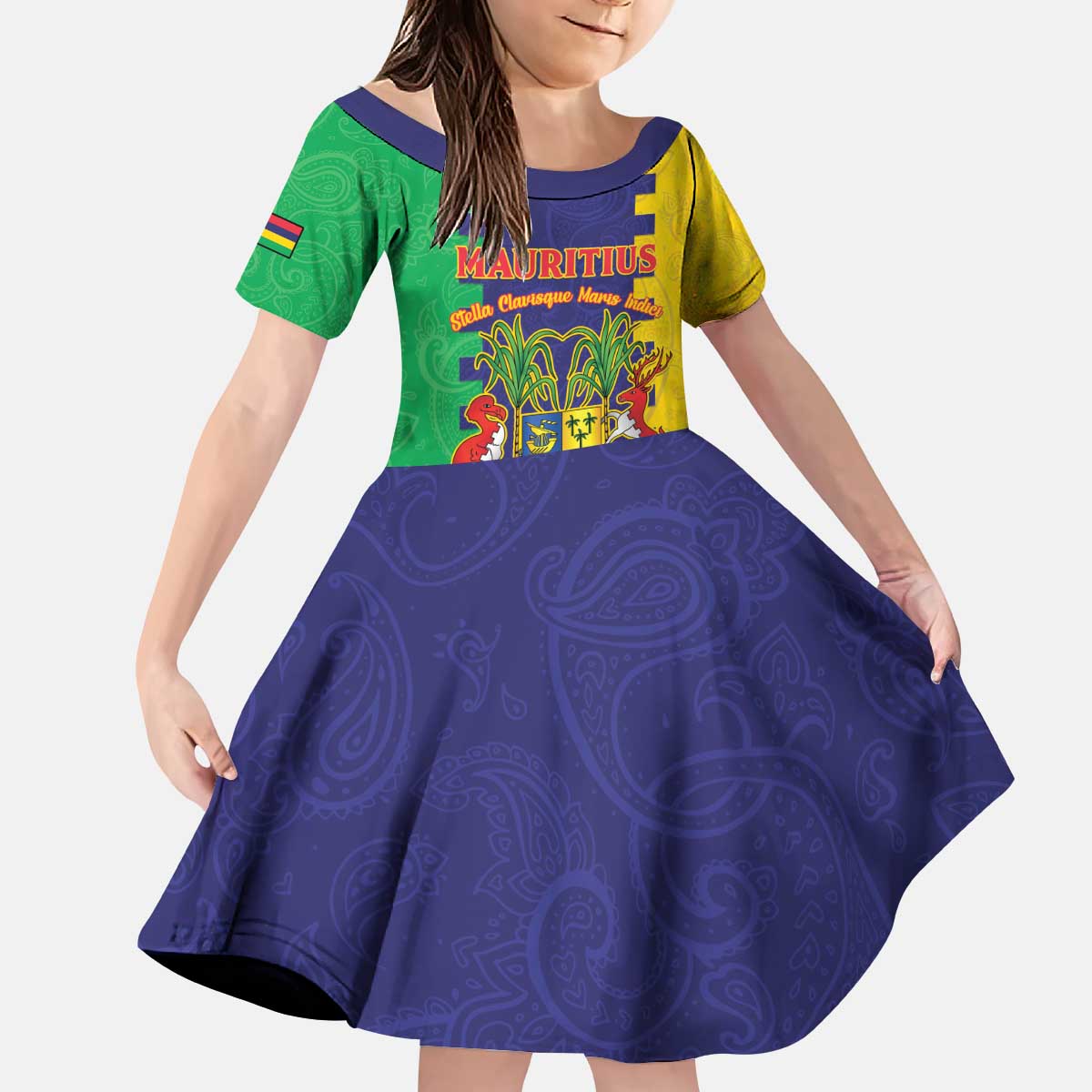 Personalised Mauritius Kid Short Sleeve Dress Coat Of Arms Mix Paisley Pattern
