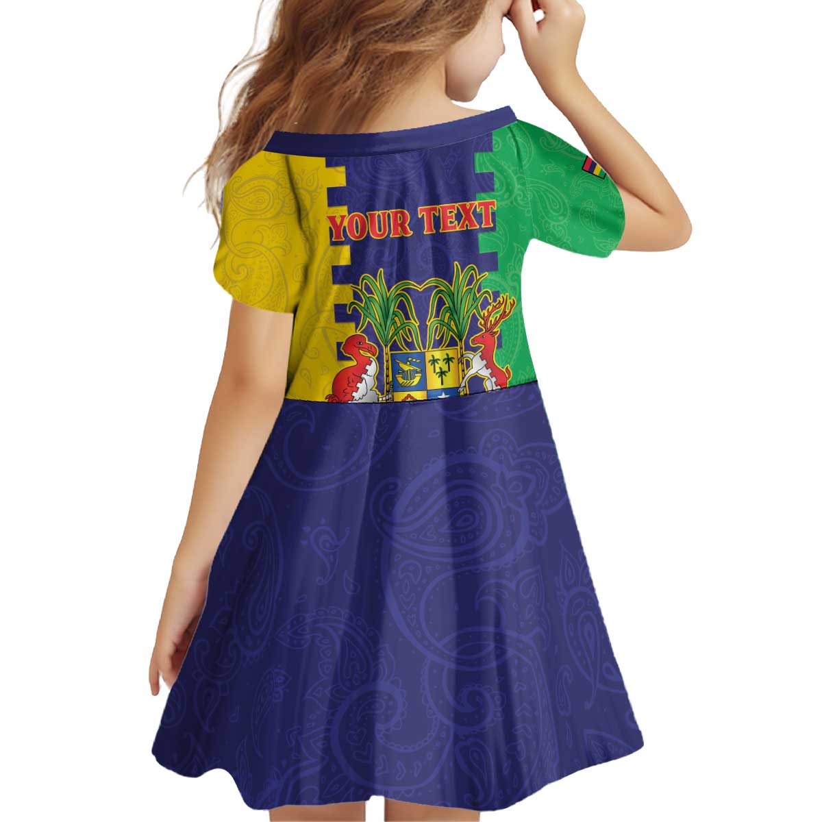 Personalised Mauritius Kid Short Sleeve Dress Coat Of Arms Mix Paisley Pattern