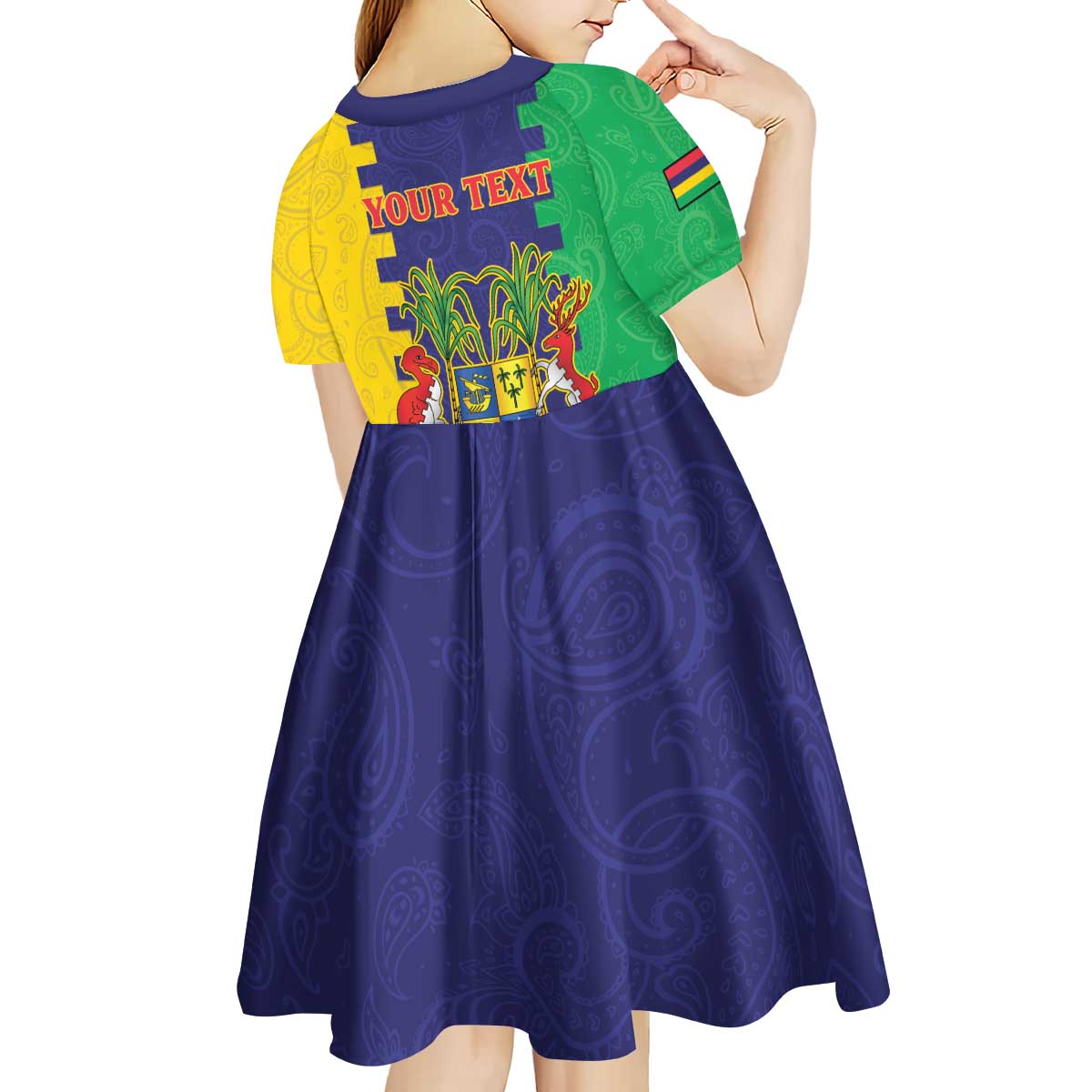 Personalised Mauritius Kid Short Sleeve Dress Coat Of Arms Mix Paisley Pattern