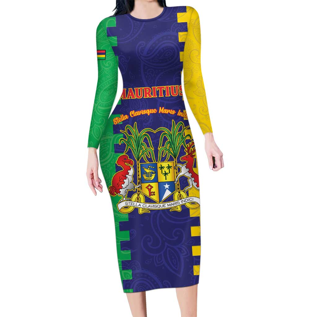 Personalised Mauritius Long Sleeve Bodycon Dress Coat Of Arms Mix Paisley Pattern