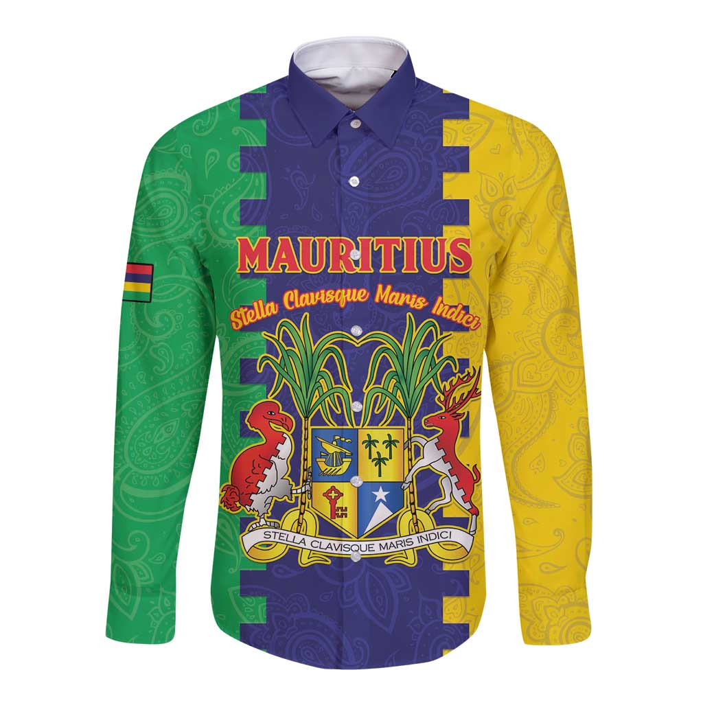 Personalised Mauritius Long Sleeve Button Shirt Coat Of Arms Mix Paisley Pattern