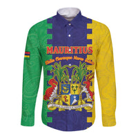 Personalised Mauritius Long Sleeve Button Shirt Coat Of Arms Mix Paisley Pattern