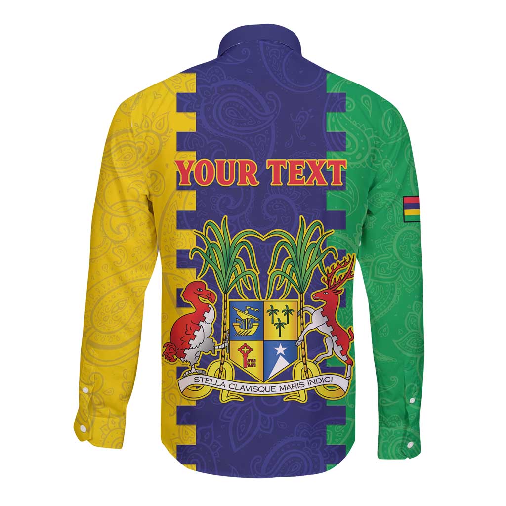 Personalised Mauritius Long Sleeve Button Shirt Coat Of Arms Mix Paisley Pattern