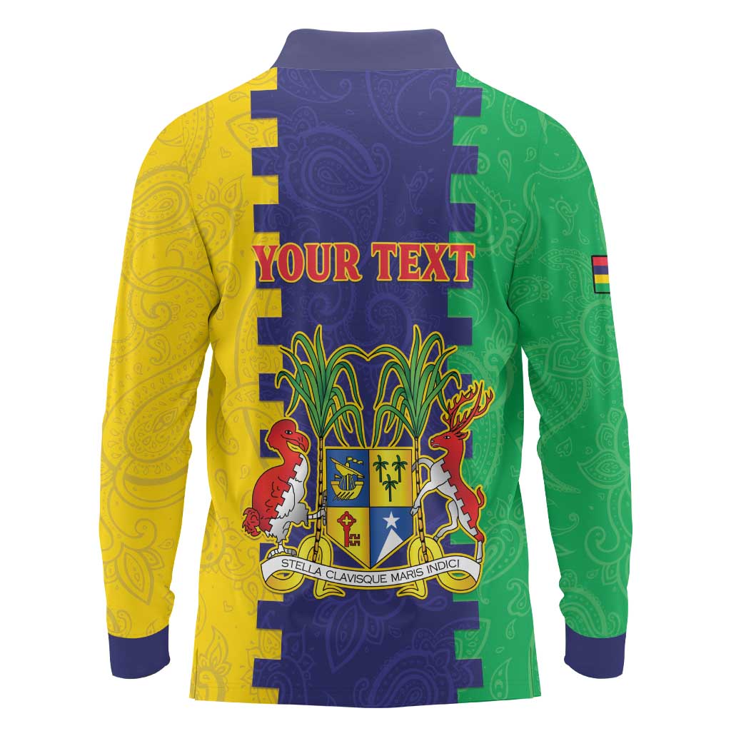 Personalised Mauritius Long Sleeve Polo Shirt Coat Of Arms Mix Paisley Pattern