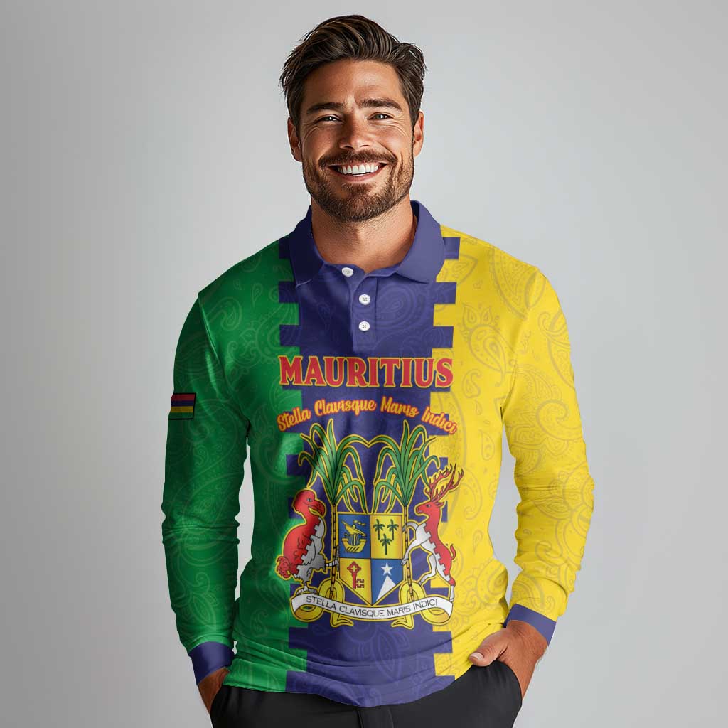 Personalised Mauritius Long Sleeve Polo Shirt Coat Of Arms Mix Paisley Pattern