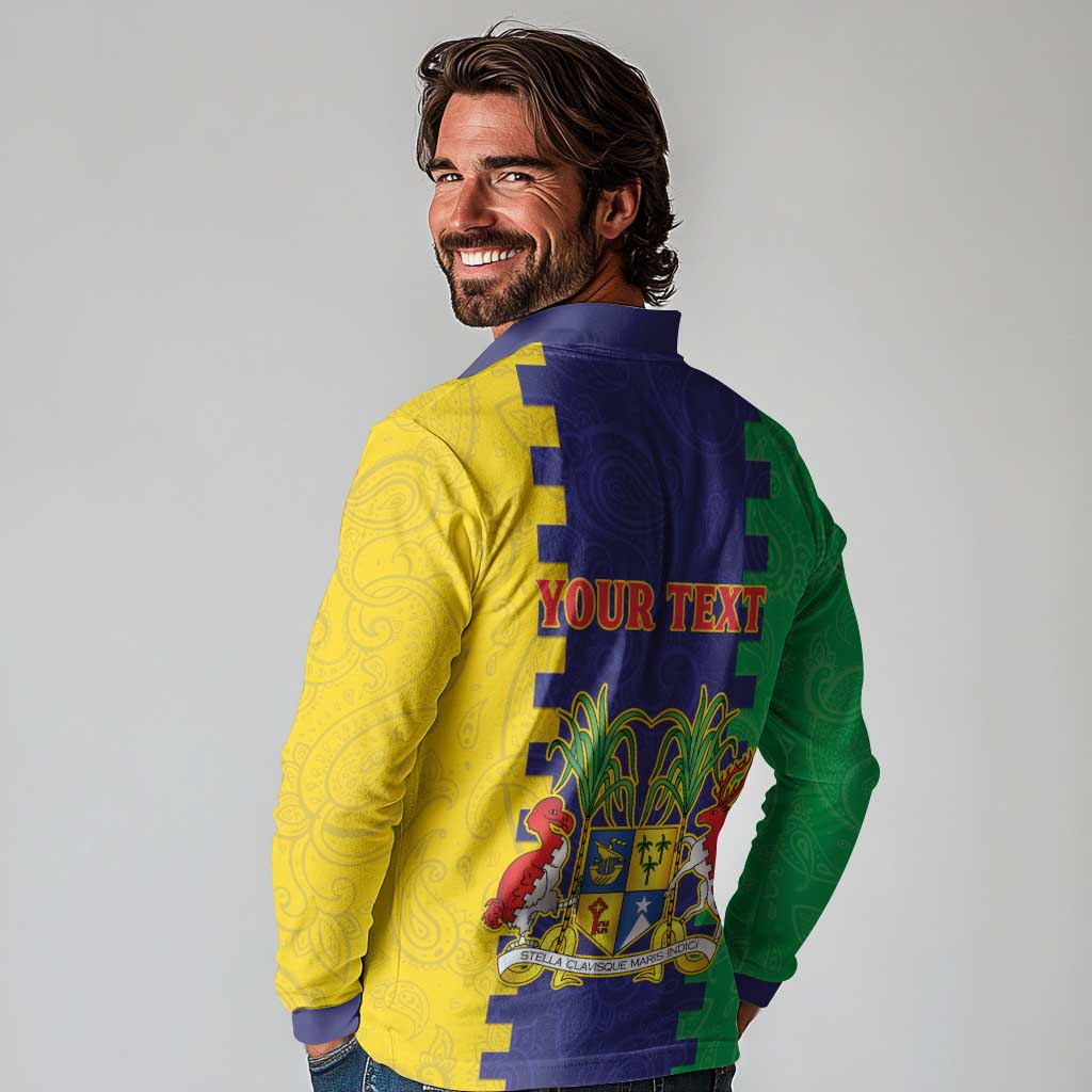 Personalised Mauritius Long Sleeve Polo Shirt Coat Of Arms Mix Paisley Pattern