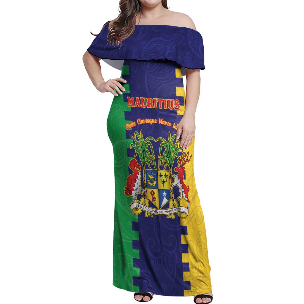 Personalised Mauritius Off Shoulder Maxi Dress Coat Of Arms Mix Paisley Pattern