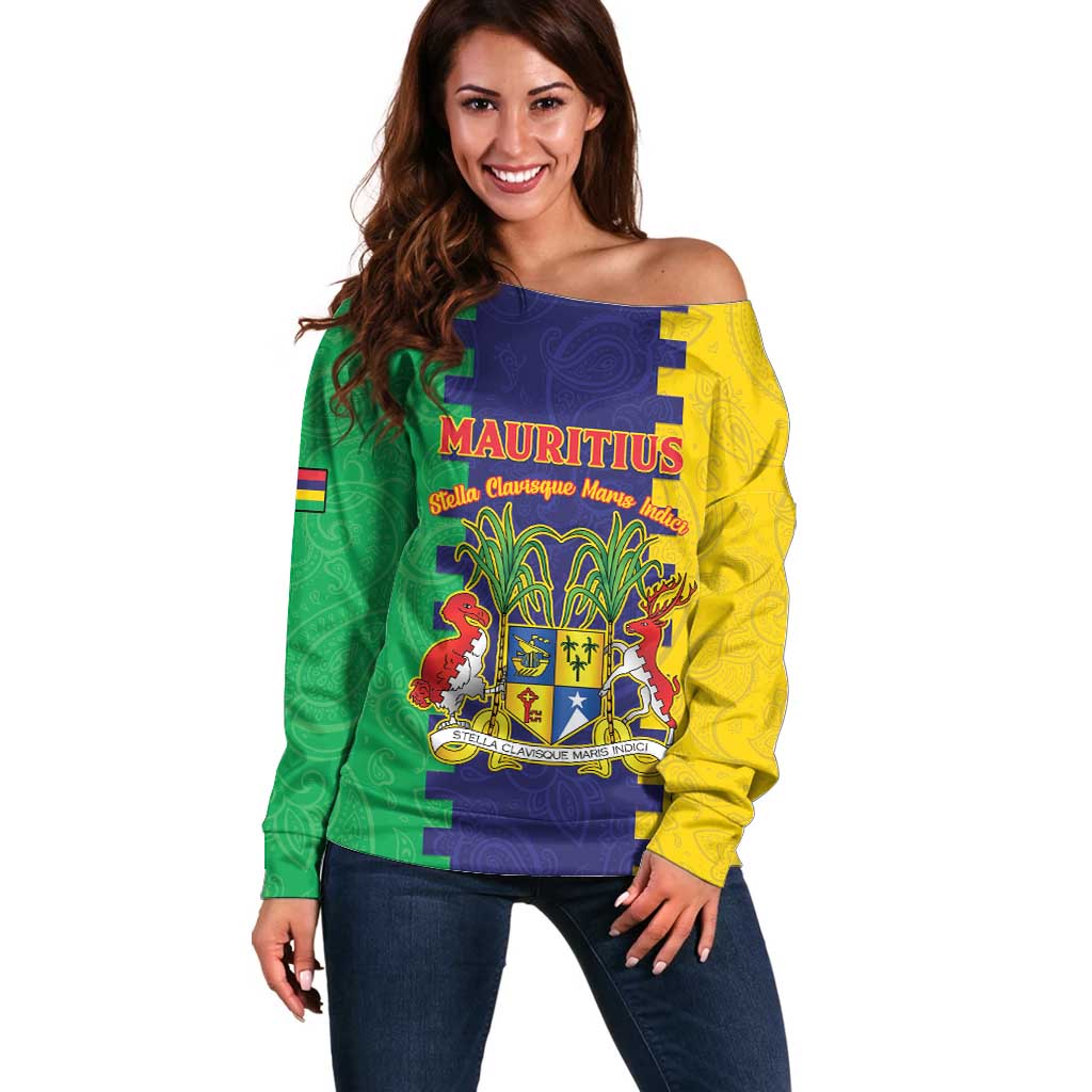 Personalised Mauritius Off Shoulder Sweater Coat Of Arms Mix Paisley Pattern