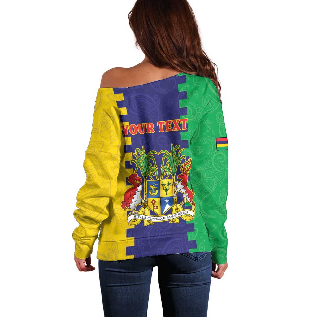 Personalised Mauritius Off Shoulder Sweater Coat Of Arms Mix Paisley Pattern