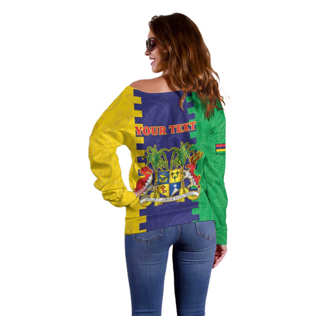 Personalised Mauritius Off Shoulder Sweater Coat Of Arms Mix Paisley Pattern