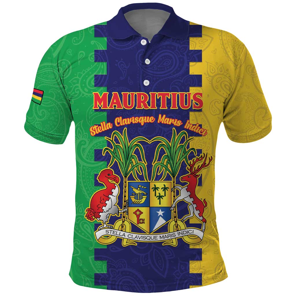 Personalised Mauritius Polo Shirt Coat Of Arms Mix Paisley Pattern