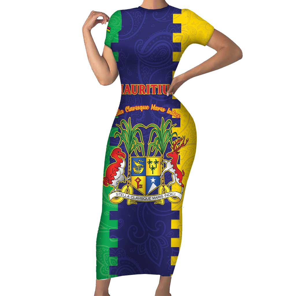 Personalised Mauritius Short Sleeve Bodycon Dress Coat Of Arms Mix Paisley Pattern