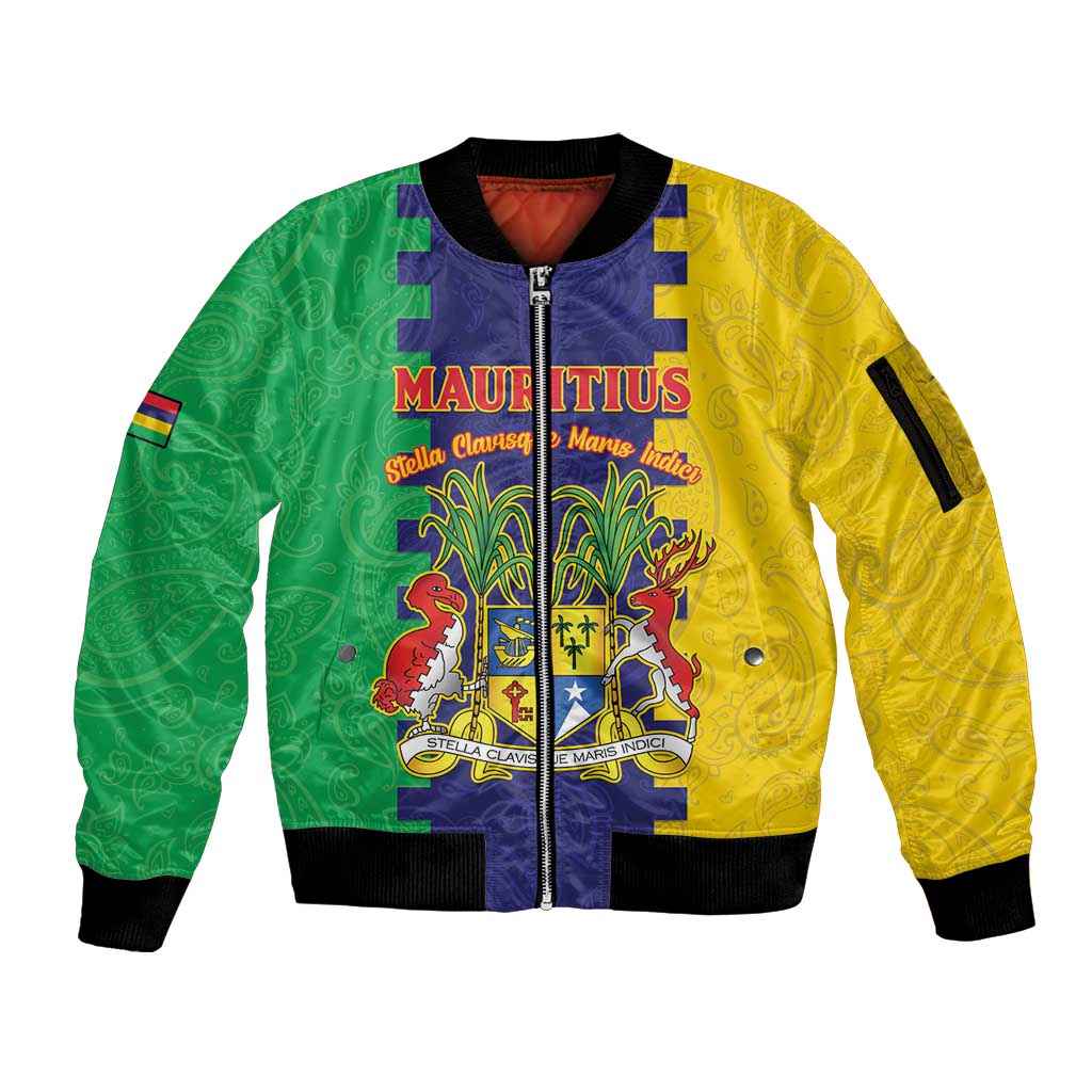 Personalised Mauritius Sleeve Zip Bomber Jacket Coat Of Arms Mix Paisley Pattern