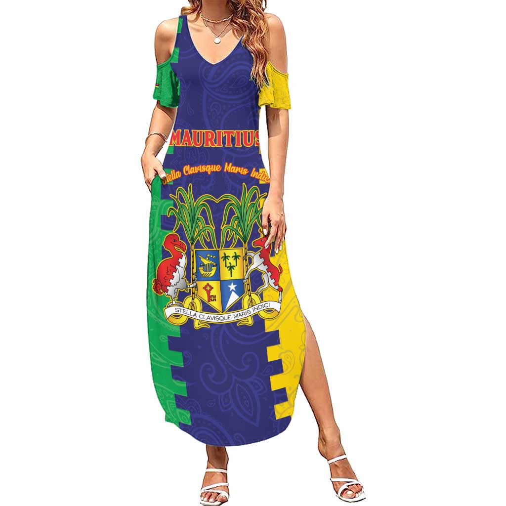 Personalised Mauritius Summer Maxi Dress Coat Of Arms Mix Paisley Pattern