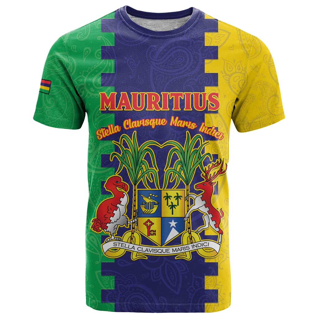 Personalised Mauritius T Shirt Coat Of Arms Mix Paisley Pattern