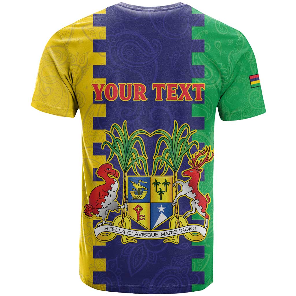 Personalised Mauritius T Shirt Coat Of Arms Mix Paisley Pattern
