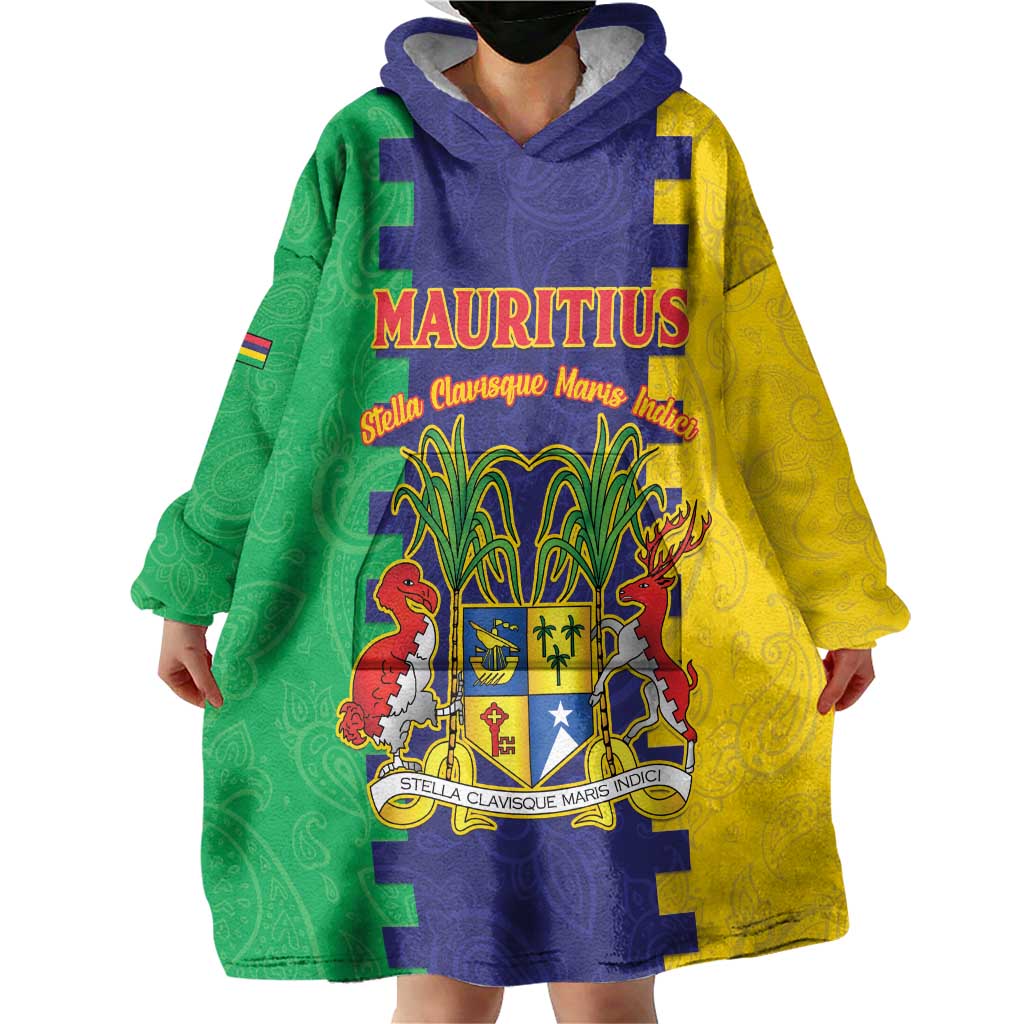Personalised Mauritius Wearable Blanket Hoodie Coat Of Arms Mix Paisley Pattern