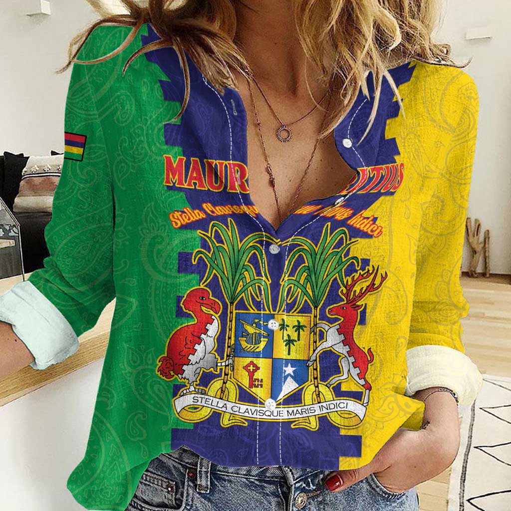 Personalised Mauritius Women Casual Shirt Coat Of Arms Mix Paisley Pattern